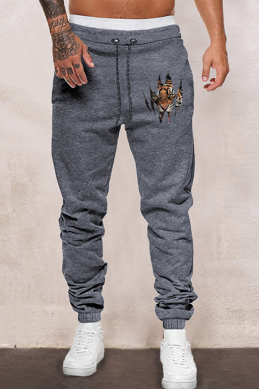 Gray Men Solid Drawstring Waist Tiger Print Sweatpants Gray 65%涤纶+35%棉 Men's Pants JT's Designer Fashion