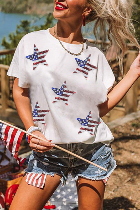White Sequined American Flag Star Graphic T Shirt Graphic Tees JT's Designer Fashion