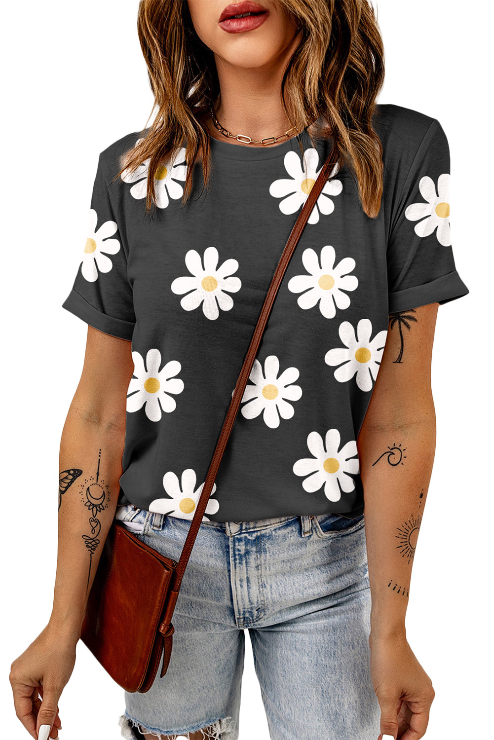 Black Daisy Printed Crewneck T Shirt Pre Order Tops JT's Designer Fashion