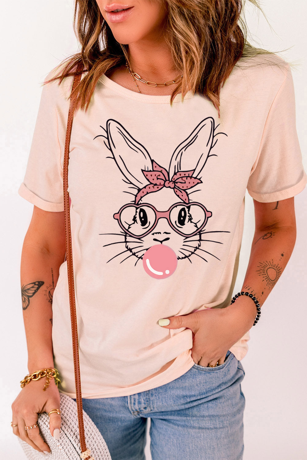 Pink Bubblegum Bunny Graphic Print Easter Fashion Tee Graphic Tees JT's Designer Fashion