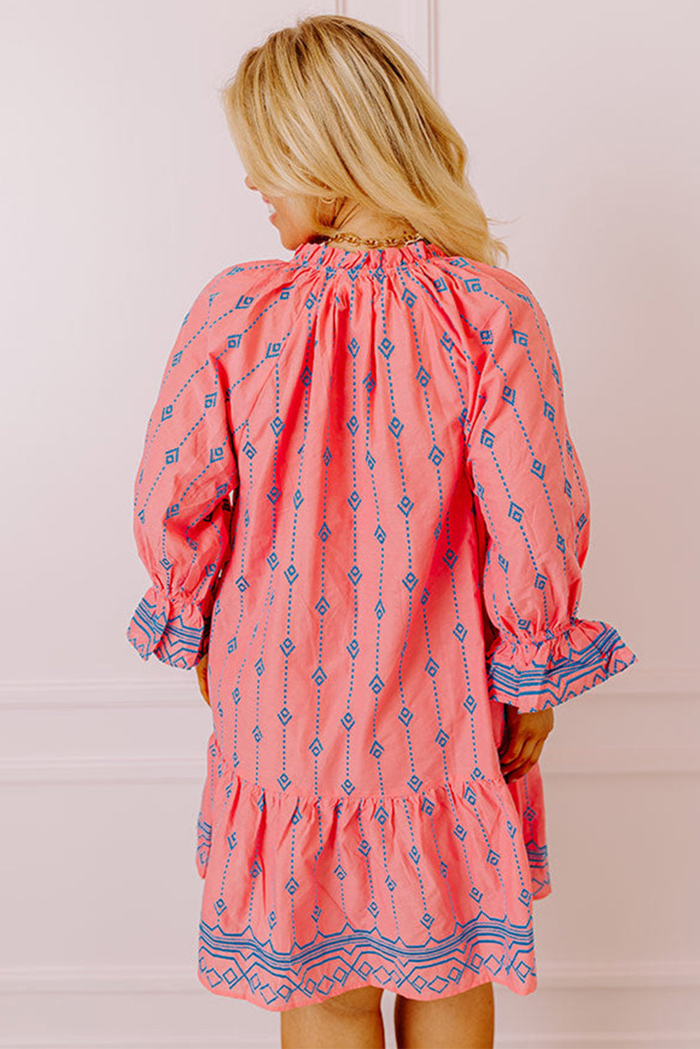 Pink Printed Tie Split Neck Flounce Sleeve Ruffle Curvy Dress Pre Order Plus Size JT's Designer Fashion