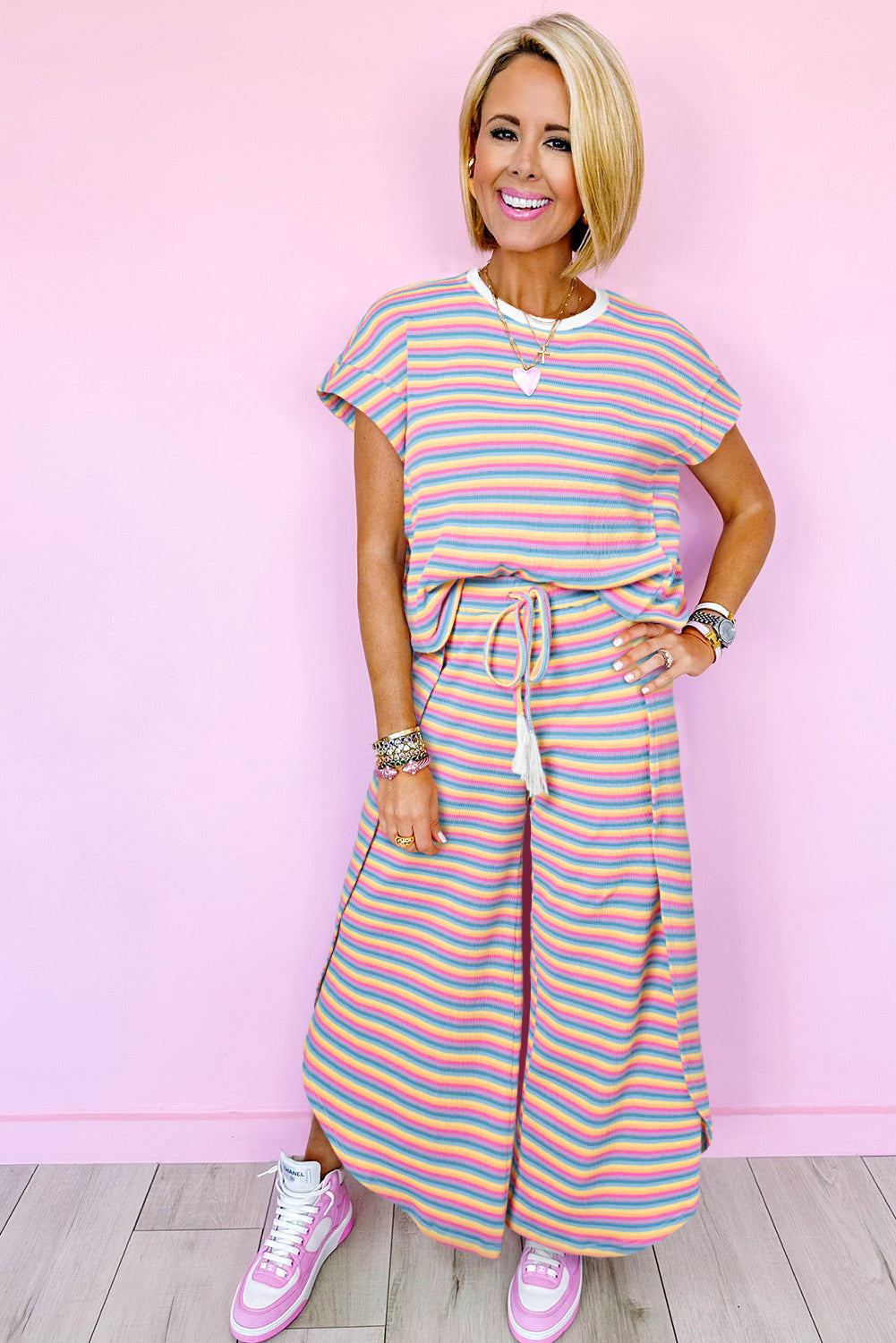 Pink Stripe Rainbow Tee Tasseled String Wide Leg Pants Set Pre Order Tops JT's Designer Fashion