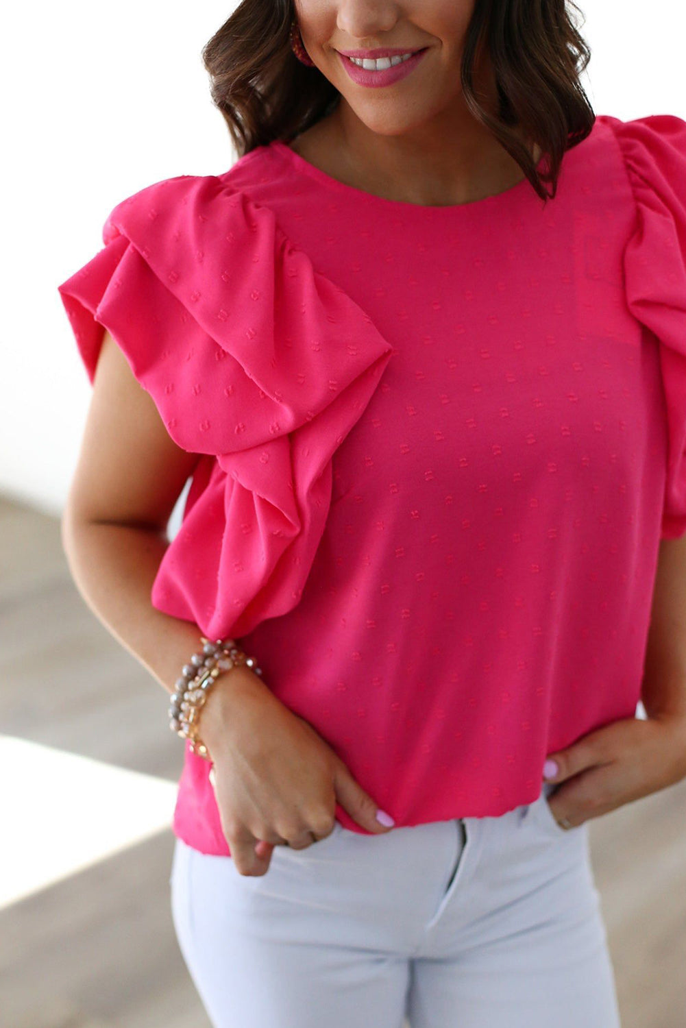 Rose Red Ruffled Sleeve Swiss Dot Blouse Blouses & Shirts JT's Designer Fashion