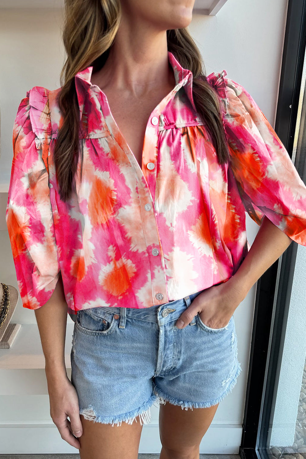 Multicolour Abstract Print Frilly Trim Half Sleeve Shirt Pre Order Tops JT's Designer Fashion