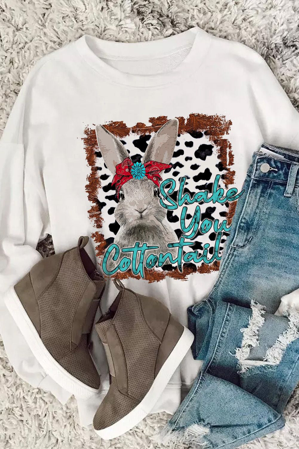 White Bunny Letter Cow Print Long Sleeve Sweatshirt Graphic Sweatshirts JT's Designer Fashion
