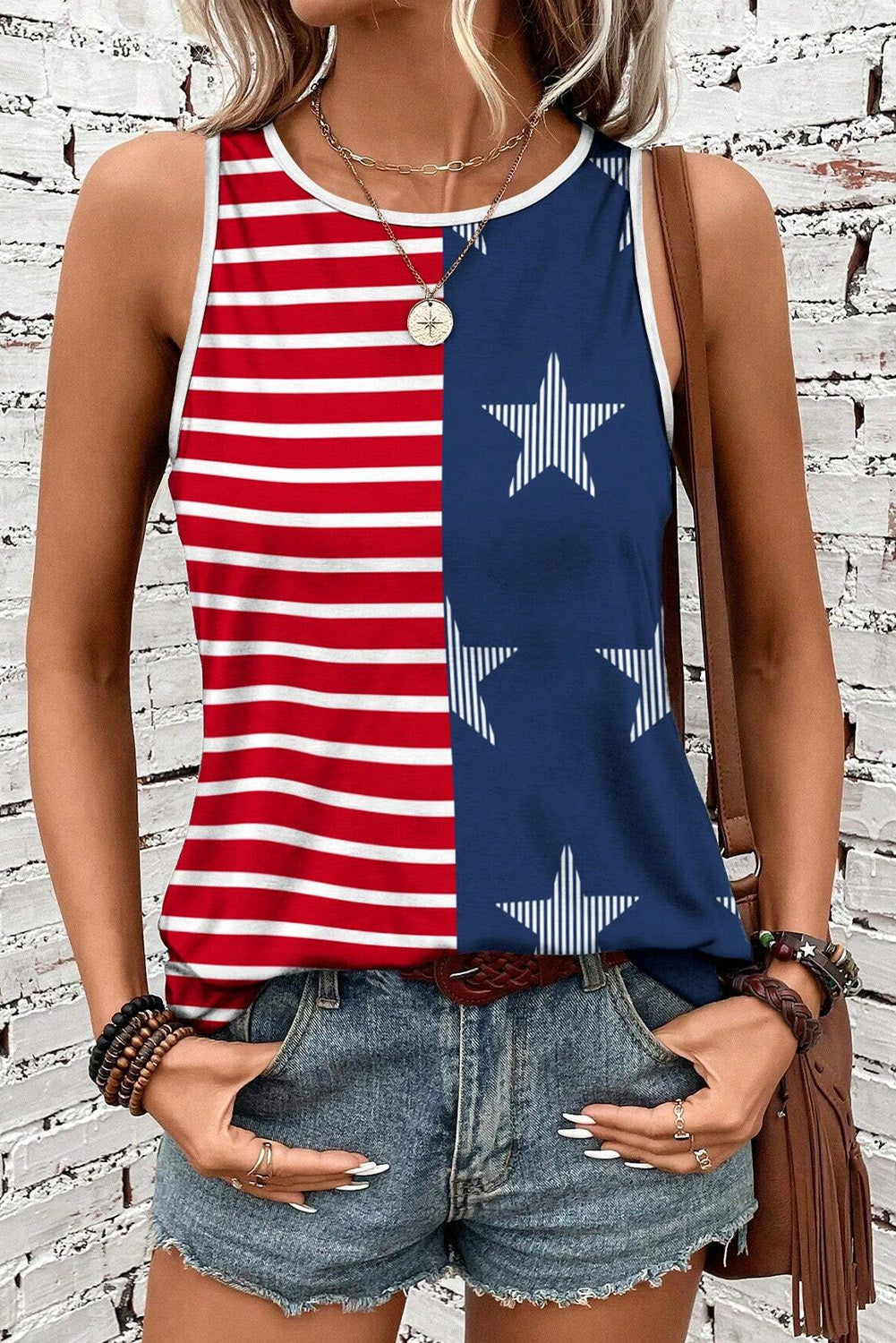 Red Stripe Women's Usa Flag Printed Round Neck Tank Top Pre Order Tops JT's Designer Fashion