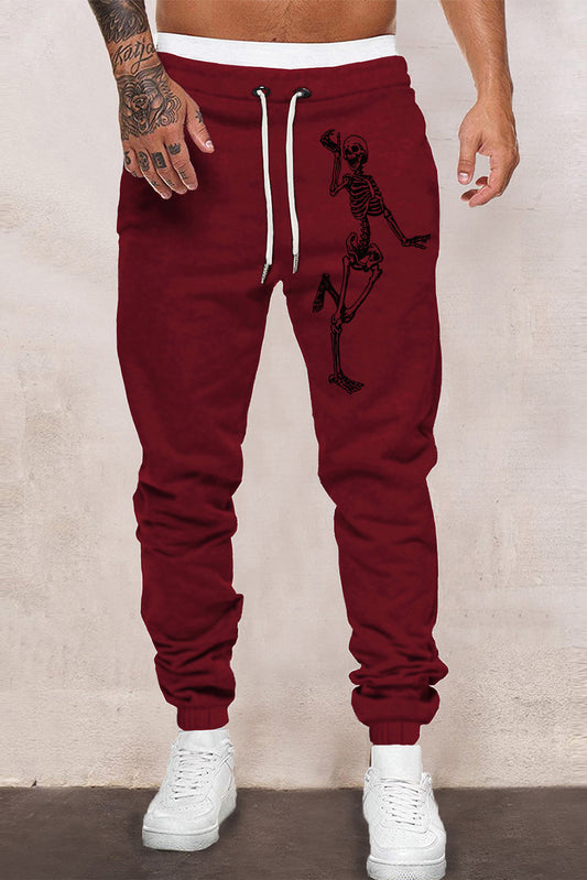 Fiery Red Skeleton Print Drawstring Elastic Waist Men's Sweatpants Fiery Red 65%Polyester+35%Cotton Men's Pants JT's Designer Fashion