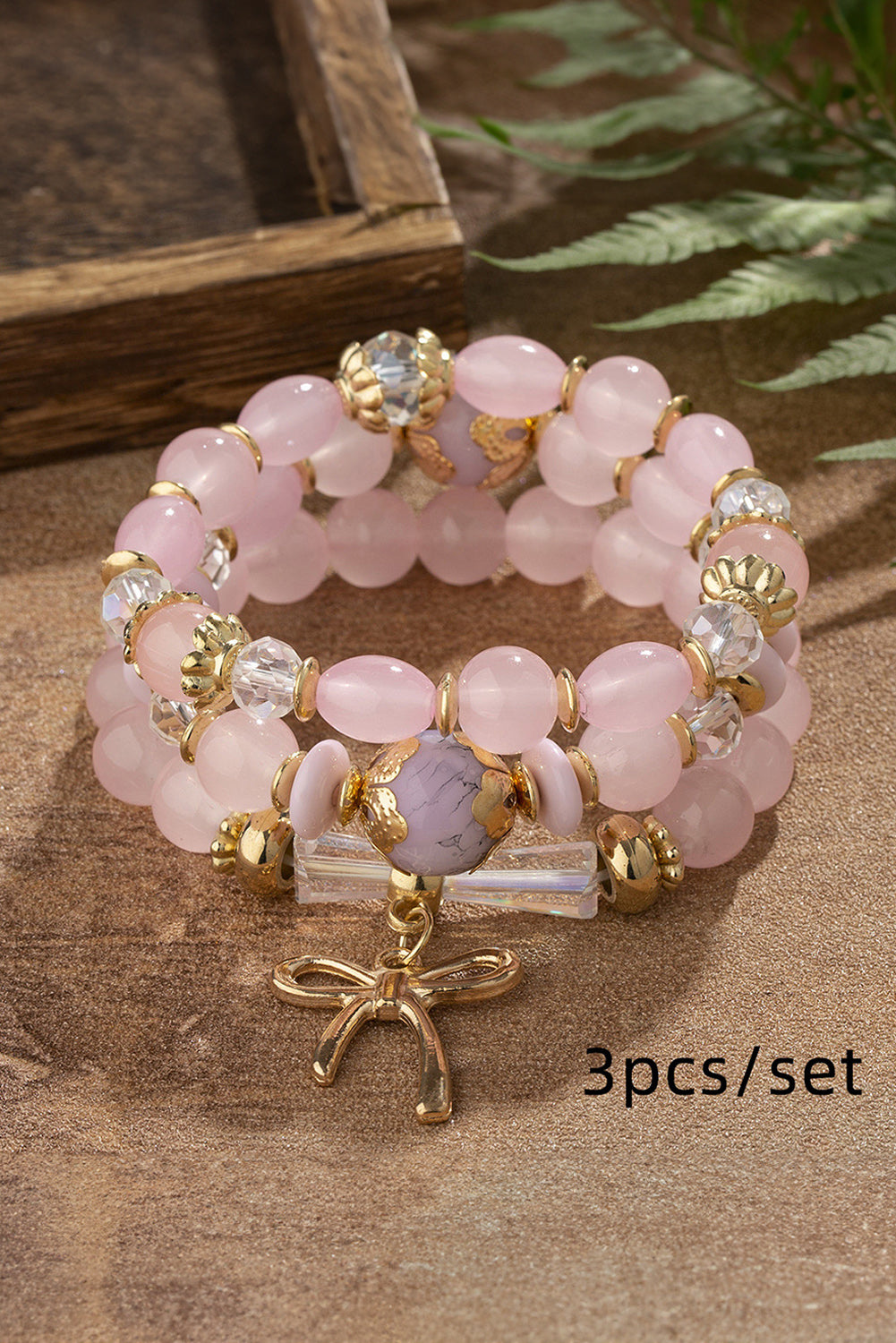 Pink 3pcs Bowknot Pendant Beaded Bracelet Jewelry JT's Designer Fashion