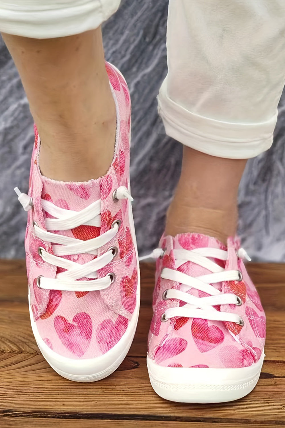 Strawberry Pink Heart Shaped Criss Cross Slip On Canvas Shoes Women's Shoes JT's Designer Fashion
