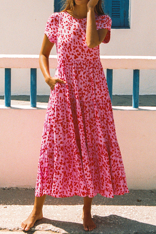 Pink Boho Printed Short Sleeve Flare Tiered Dress Pre Order Dresses JT's Designer Fashion