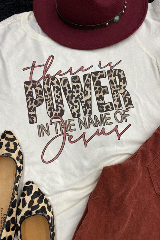 White This Is Power In The Name Of Jesus Leopard Letter Graphic Tee Graphic Tees JT's Designer Fashion