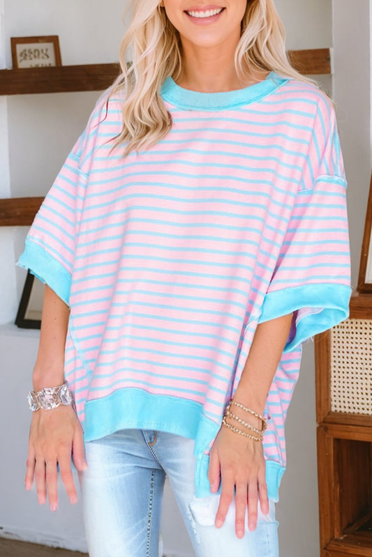 Pink Stripe Oversized Exposed Seam High Low Pullover T Shirt Pre Order Tops JT's Designer Fashion