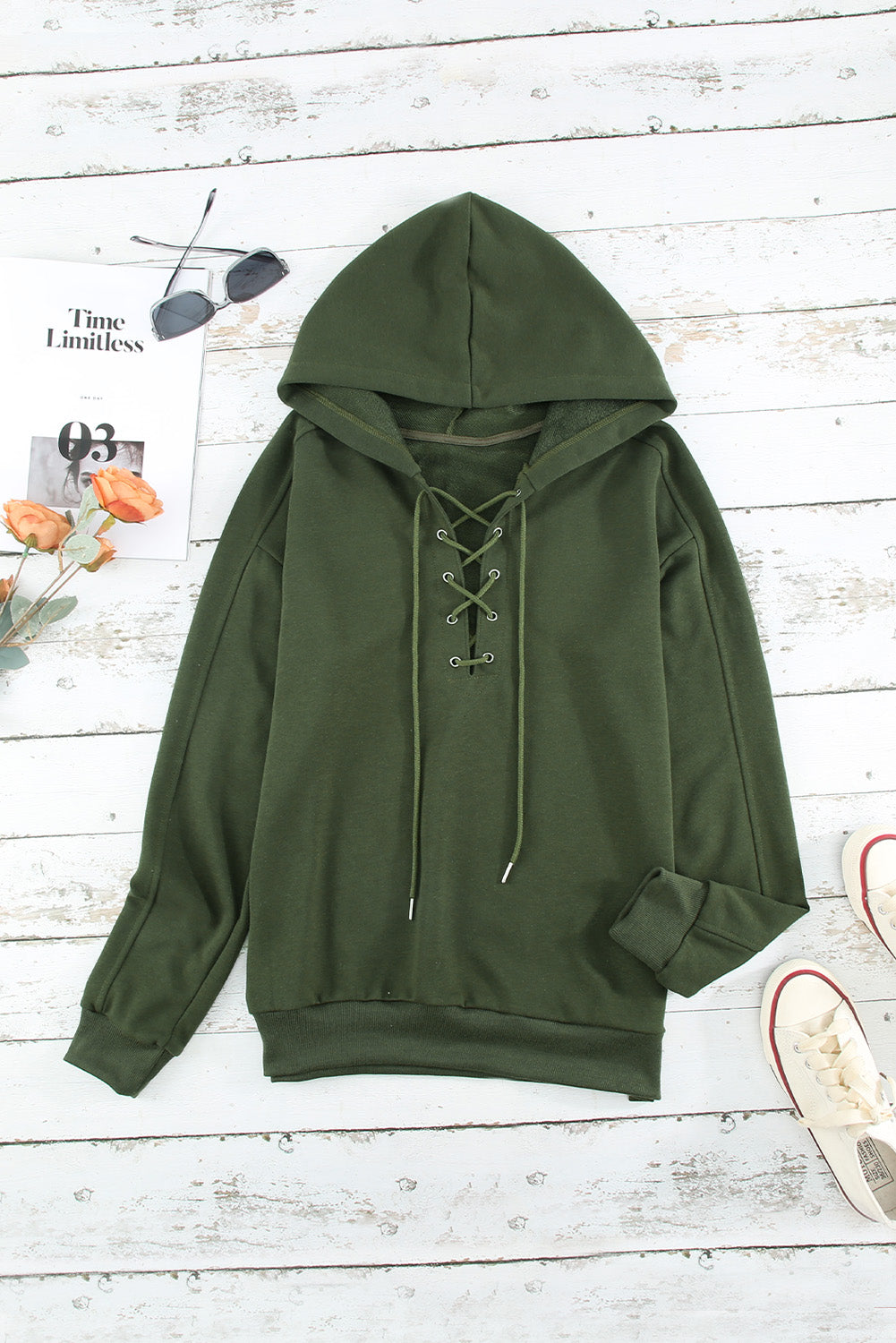 Green Casual Solid Color Lace-up Hoodie Sweatshirts & Hoodies JT's Designer Fashion