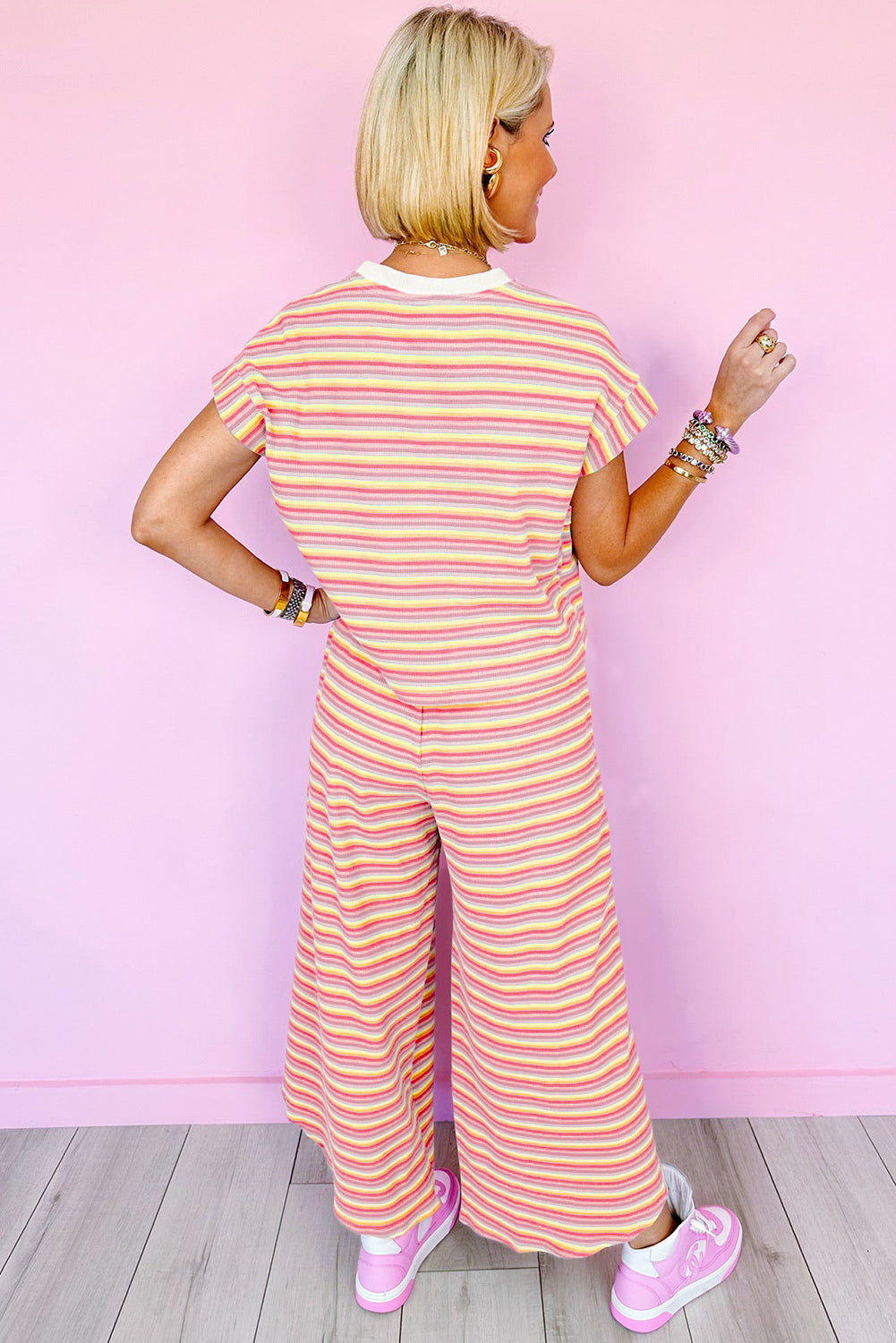 Yellow Stripe Rainbow Tee Tasseled String Wide Leg Pants Set Pre Order Tops JT's Designer Fashion