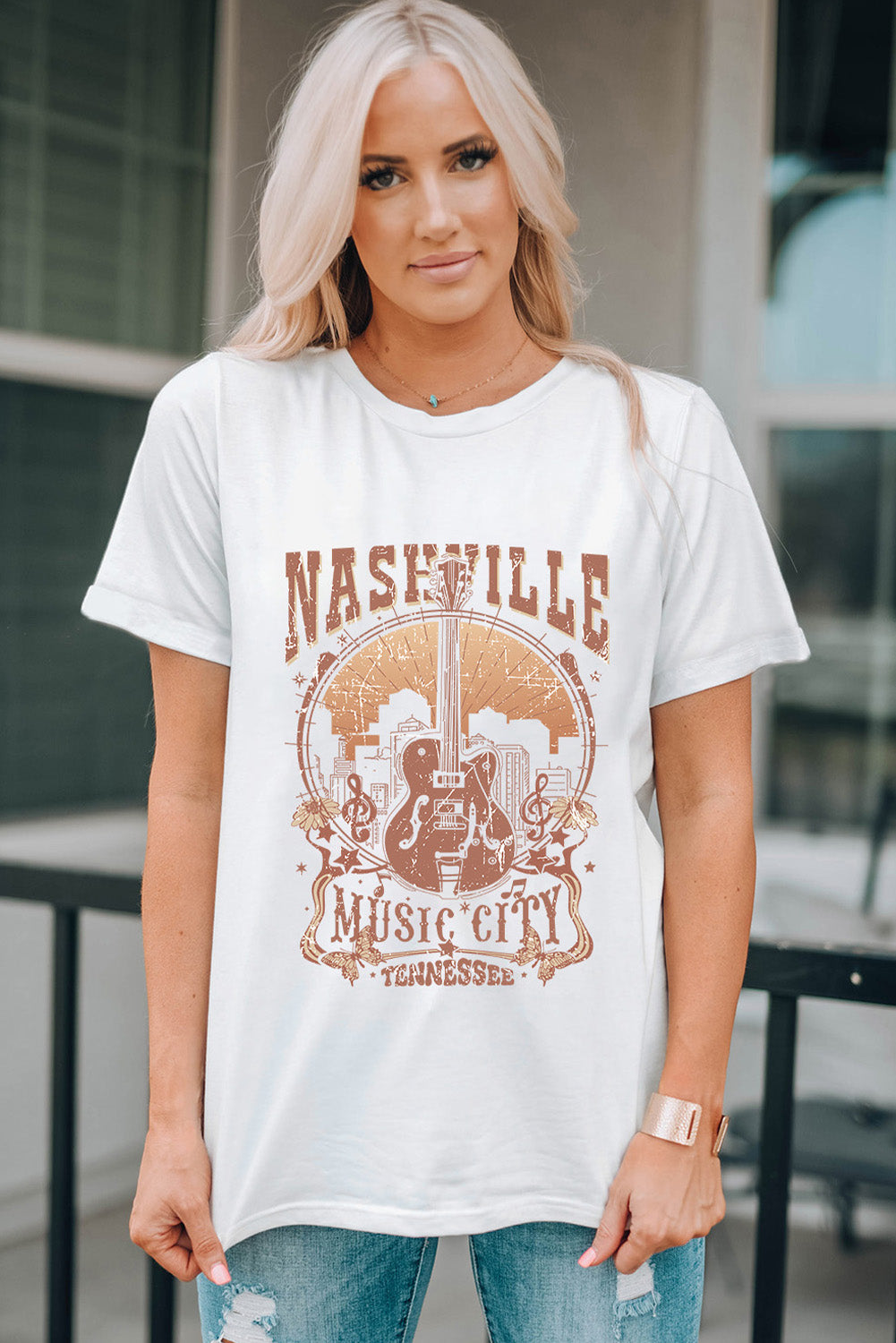 White Vintage NASHVILLE Music City Crewneck Graphic T Shirt Graphic Tees JT's Designer Fashion