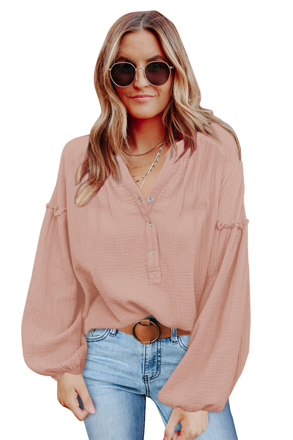 Pink Casual Balloon Sleeve Crinkled Top Long Sleeve Tops JT's Designer Fashion