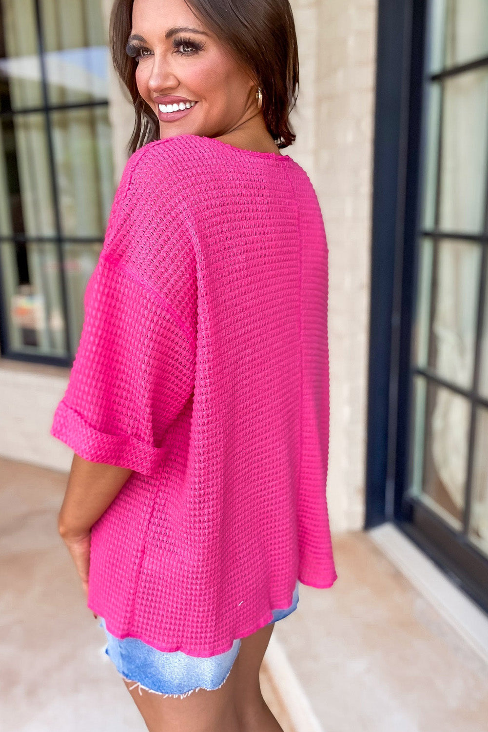Bright Pink Plus Size Waffle Knit Cuffed Short Sleeve Top Pre Order Plus Size JT's Designer Fashion