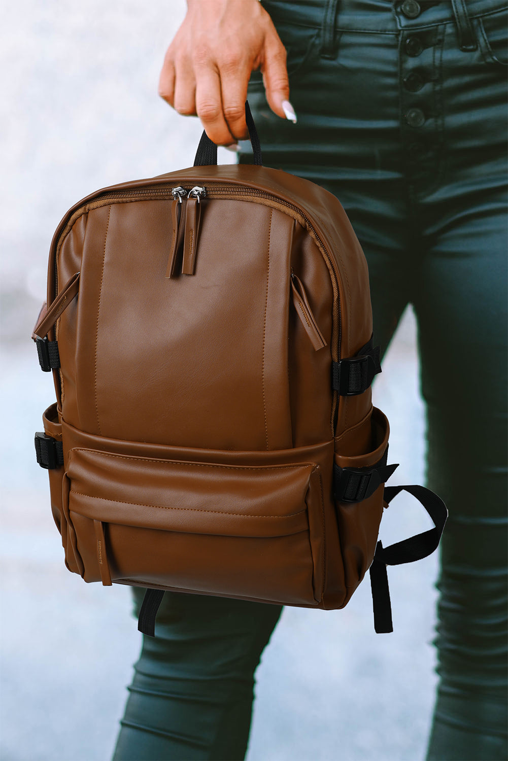 Chestnut Faux Leather Zipped Large Capacity Backpack Backpacks JT's Designer Fashion