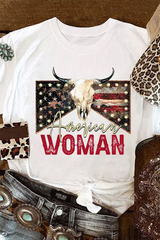 White American Woman Bull Skull Graphic T Shirt Graphic Tees JT's Designer Fashion