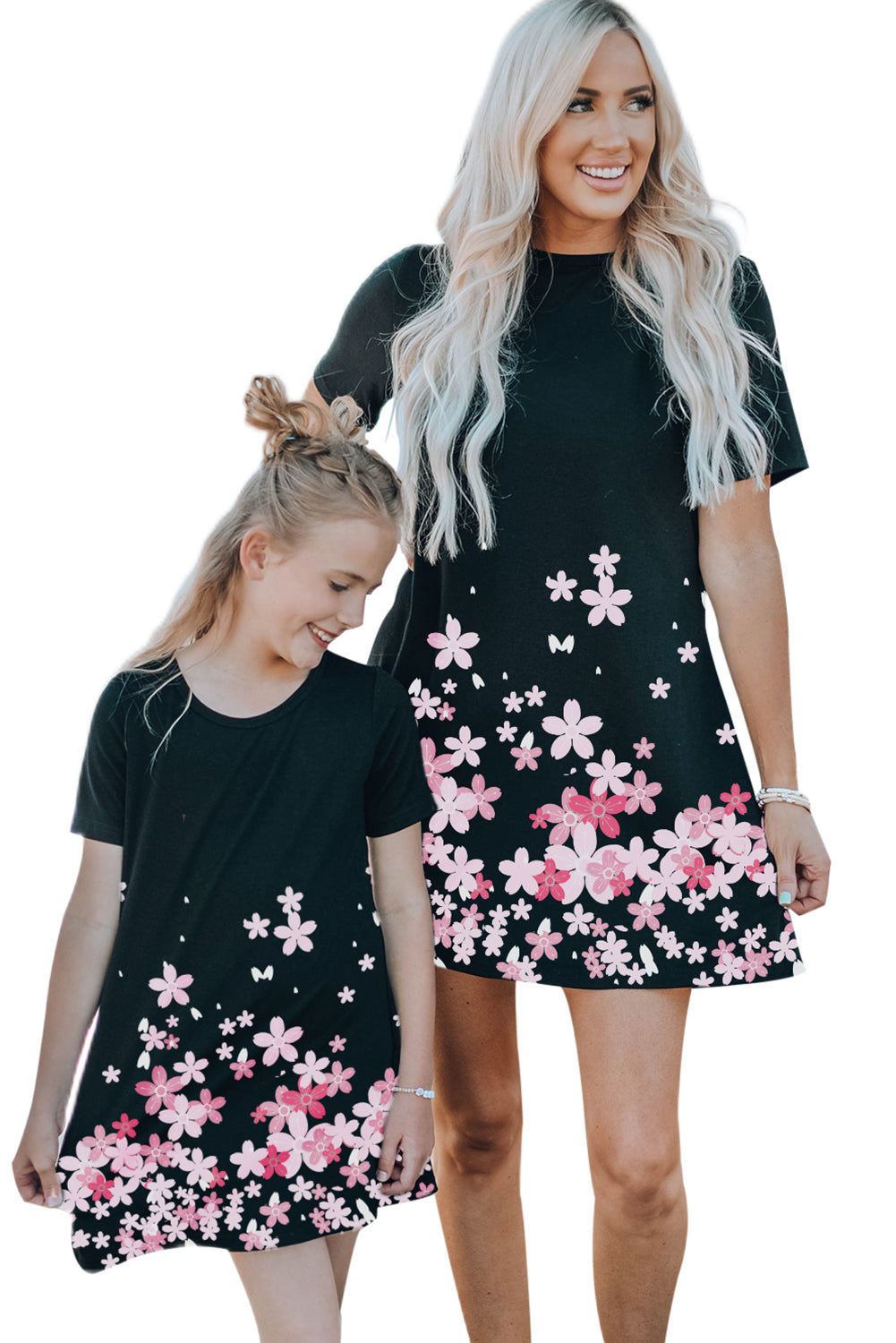 Black Family Matching Cherry Blossoms Print T Shirt Mini Dress Family Dress JT's Designer Fashion