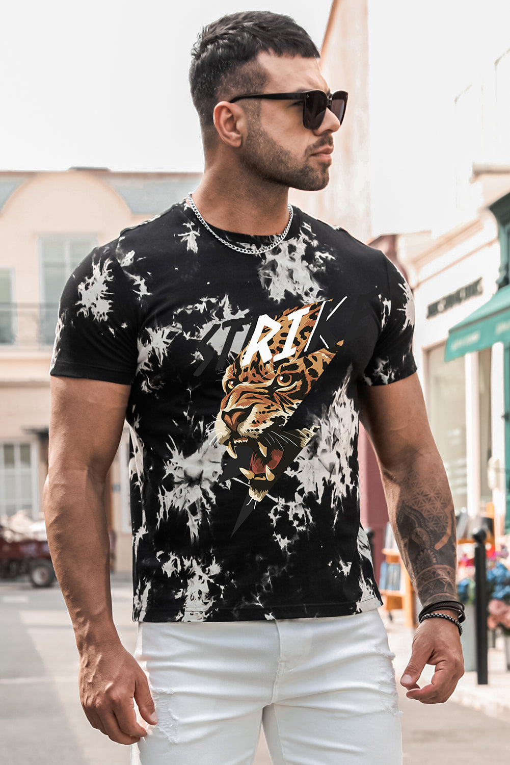 Black STRIKE Tiger Head Tie Dyed Print Men's Graphic Tee Men's Tops JT's Designer Fashion