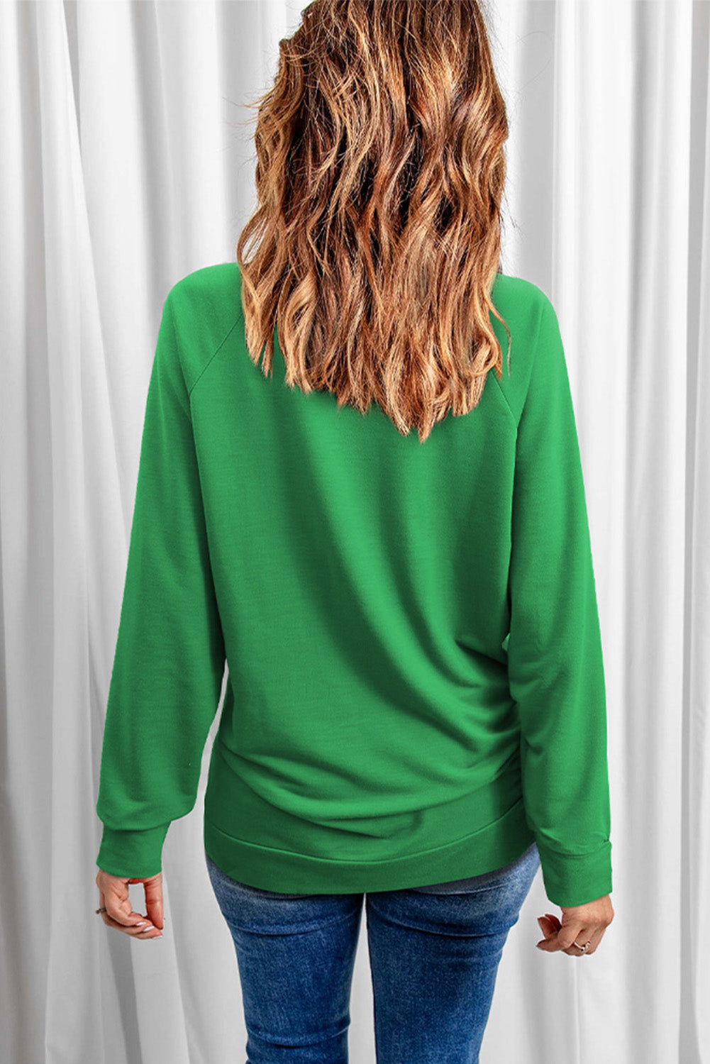 Green LOVE Clover Print Raglan Sleeve Pullover Sweatshirt Graphic Sweatshirts JT's Designer Fashion