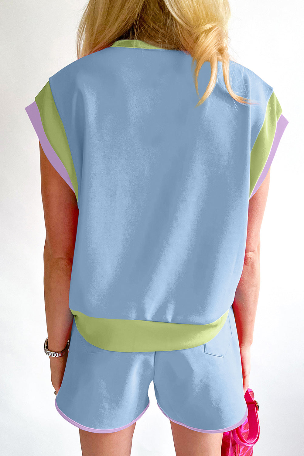 Blue Contrast Trim Cap Sleeve Tee Shorts Set Pre Order Bottoms JT's Designer Fashion