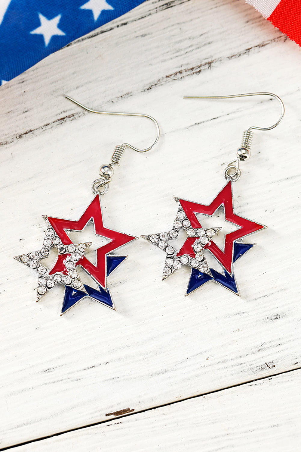 Fiery Red American Flag Rhinestone Star Dangle Earrings Jewelry JT's Designer Fashion