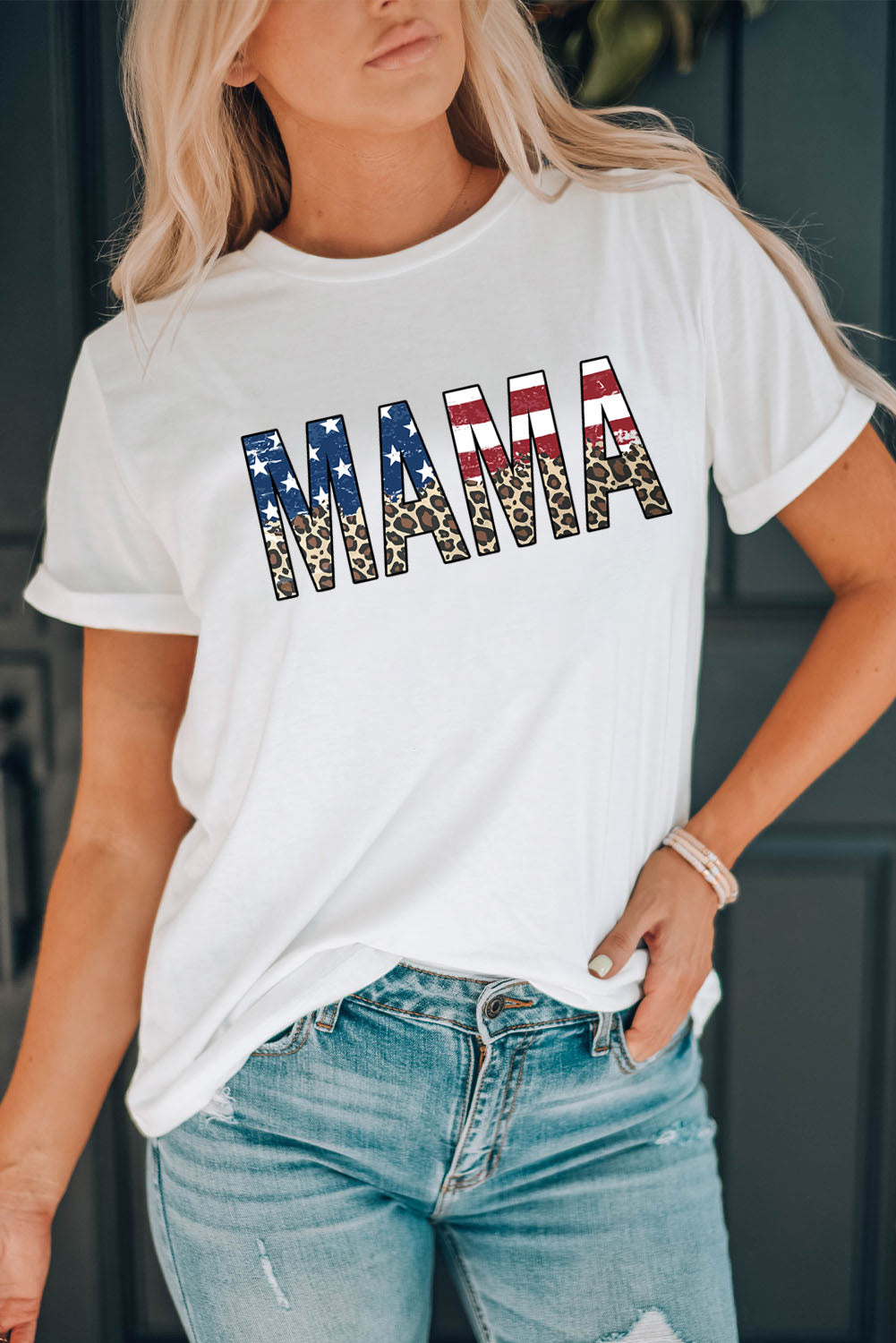 White MAMA Flag Leopard Letter Graphic Cotton T Shirt Graphic Tees JT's Designer Fashion