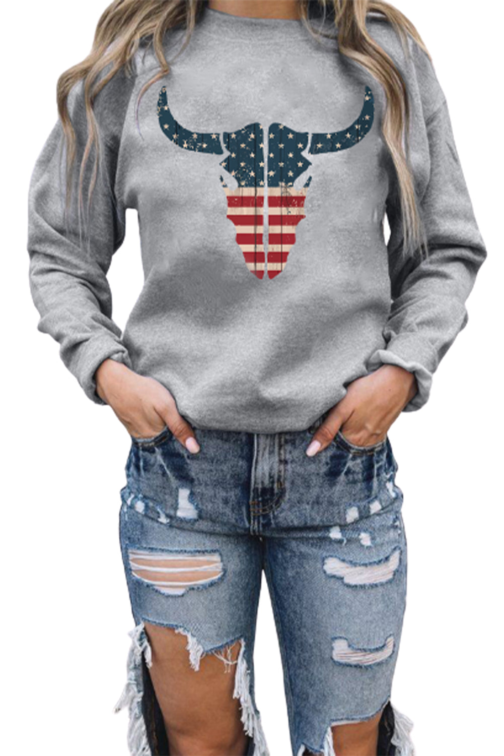 Gray American Flag Steer Head Print Crewneck Pullover Sweatshirt Graphic Sweatshirts JT's Designer Fashion