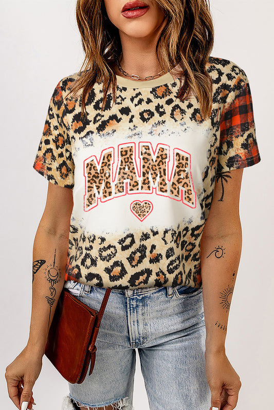 Leopard MAMA Heart Plaid Print O Neck T Shirt Graphic Tees JT's Designer Fashion