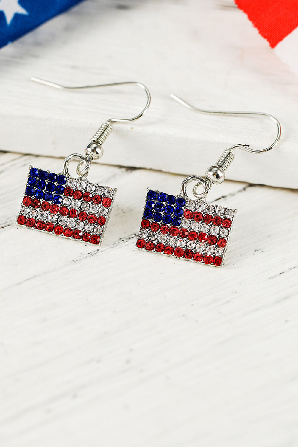 Fiery Red Rhinestone USA Flag Squared Drop Earrings Jewelry JT's Designer Fashion