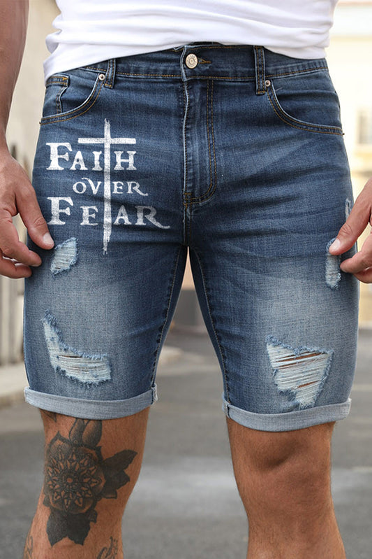 Blue Faith Over Fear Cross Print Distressed Men's Denim Shorts Blue 70%Cotton 29%Polyester 1%Elastane Men's Pants JT's Designer Fashion