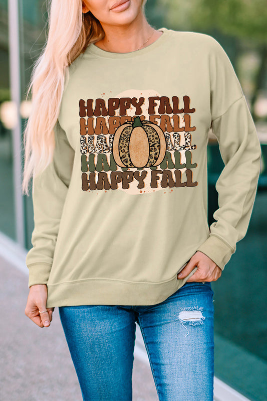Khaki HAPPY FALL Pumpkin Graphic Print Pullover Sweatshirt Graphic Sweatshirts JT's Designer Fashion
