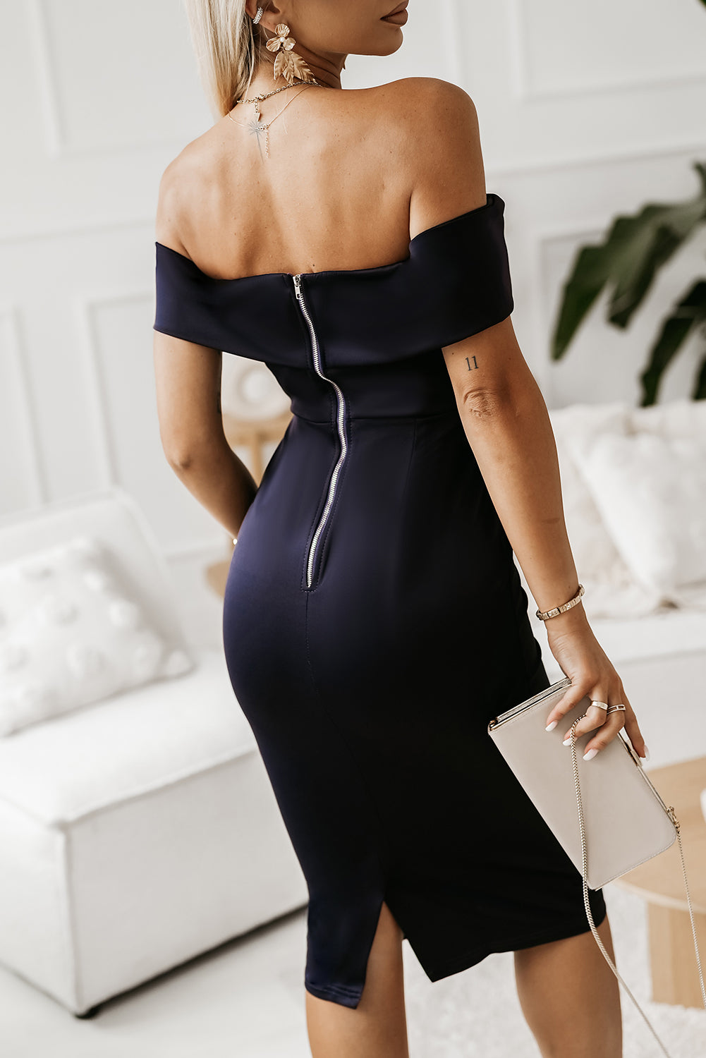 Navy Blue Off-the-shoulder Midi Dress Midi Dresses JT's Designer Fashion