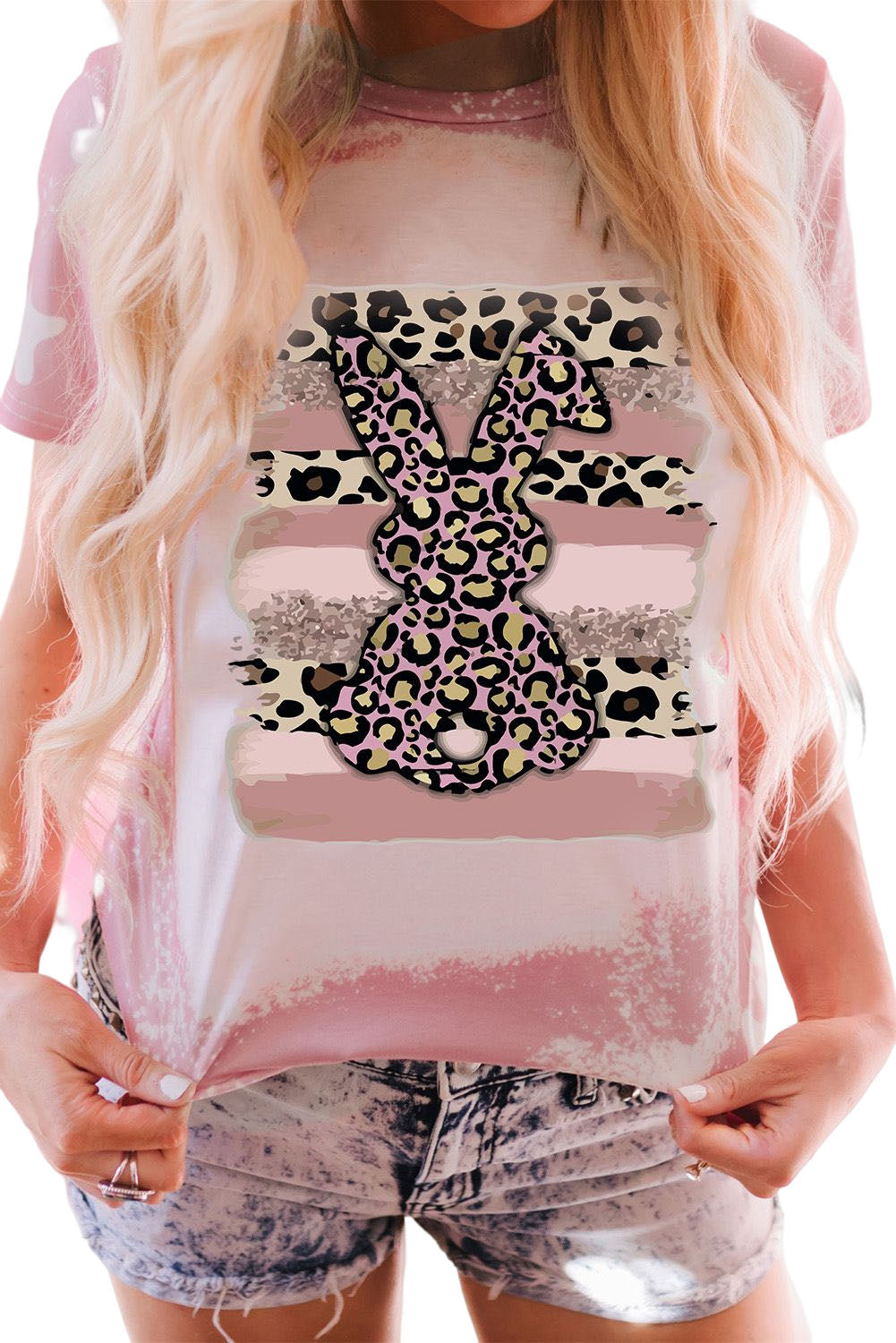Pink Tie Dye Contrast Leopard Rabbit Graphic T Shirt Graphic Tees JT's Designer Fashion