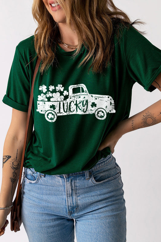 Green LUCKY Truck Print Crew Neck T Shirt Graphic Tees JT's Designer Fashion
