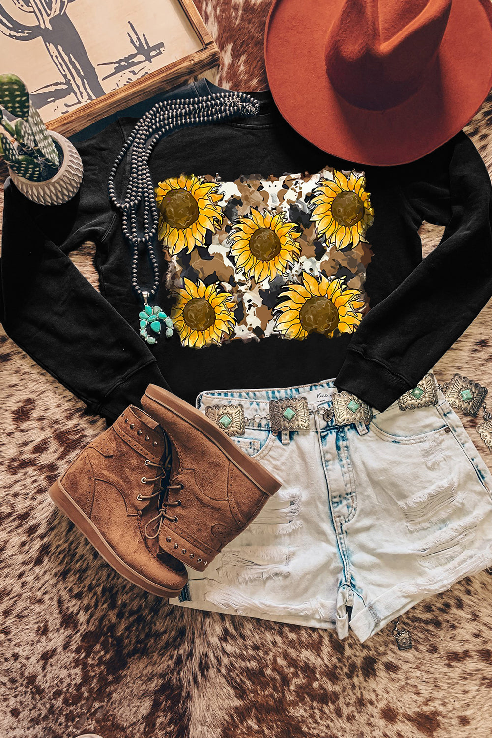 Sunflower Print Long Sleeve Pullover Sweatshirt Graphic Sweatshirts JT's Designer Fashion