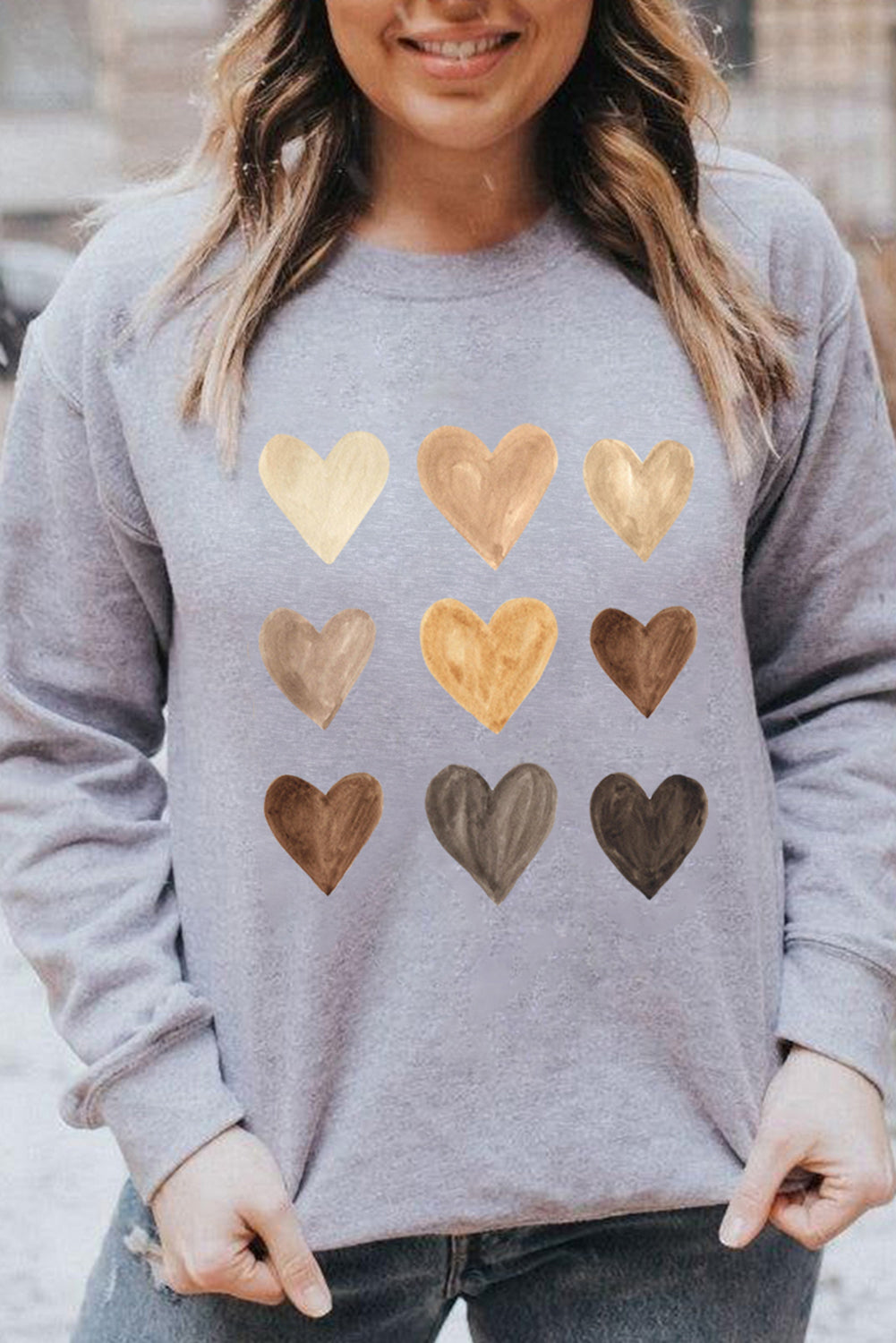 Gray Valentine Heart Print Crew Neck Pullover Sweatshirt Graphic Sweatshirts JT's Designer Fashion