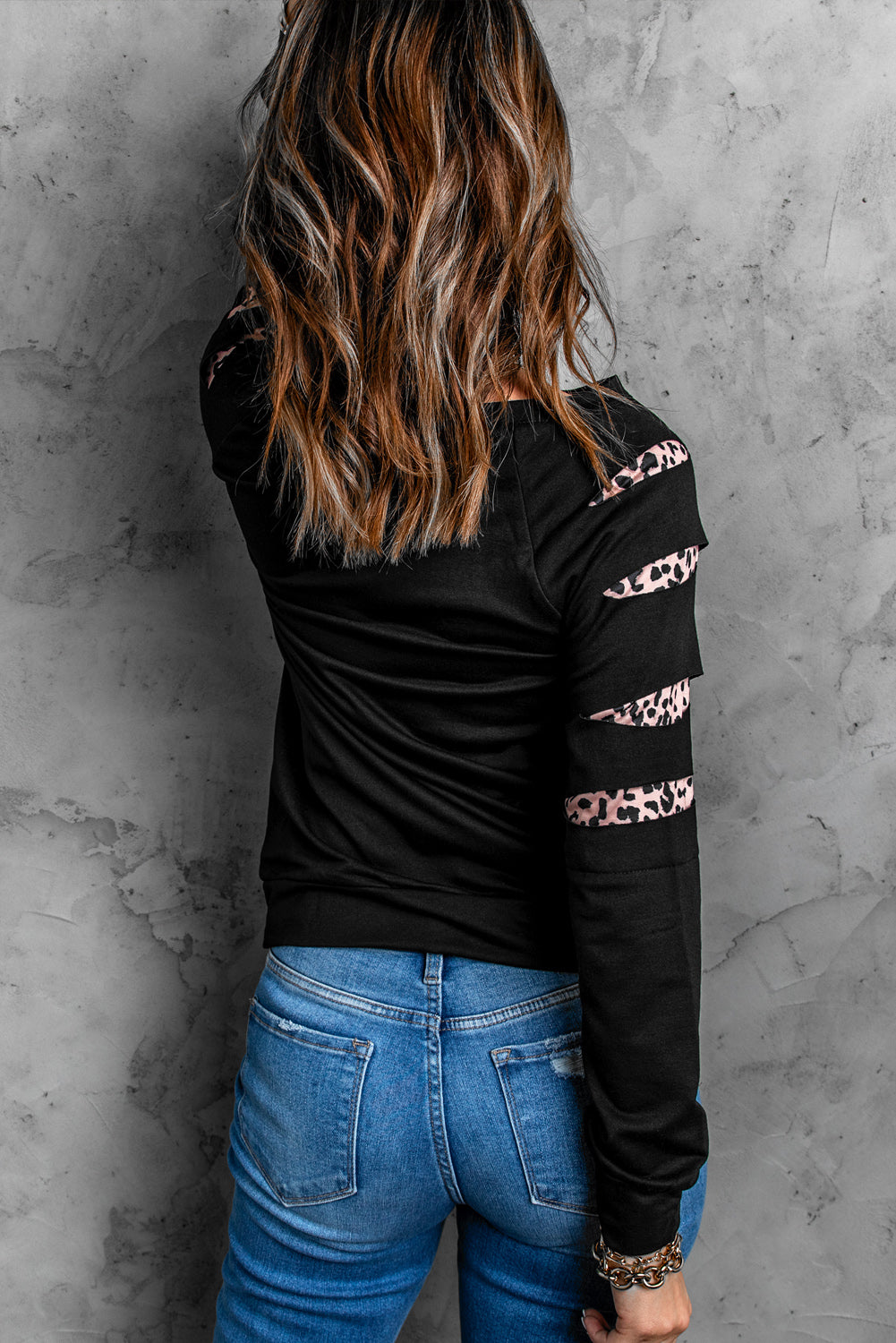 Black Fall Vibes Pumpkin Graphic Leopard Cutout Sleeve Sweatshirt Graphic Sweatshirts JT's Designer Fashion