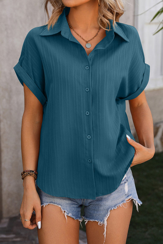 Real Teal Striped Texture Cuffed Short Sleeve Shirt Blouses & Shirts JT's Designer Fashion