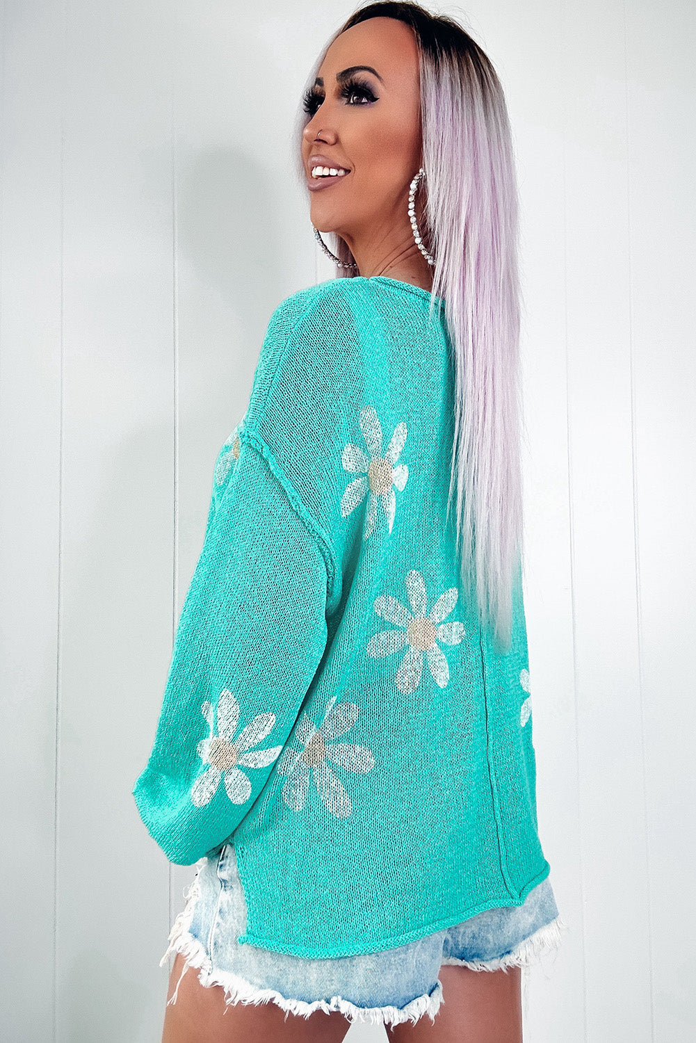 Turquoise Raw Edge Daisy Knitted Drop Shoulder Sweater Pre Order Sweaters & Cardigans JT's Designer Fashion