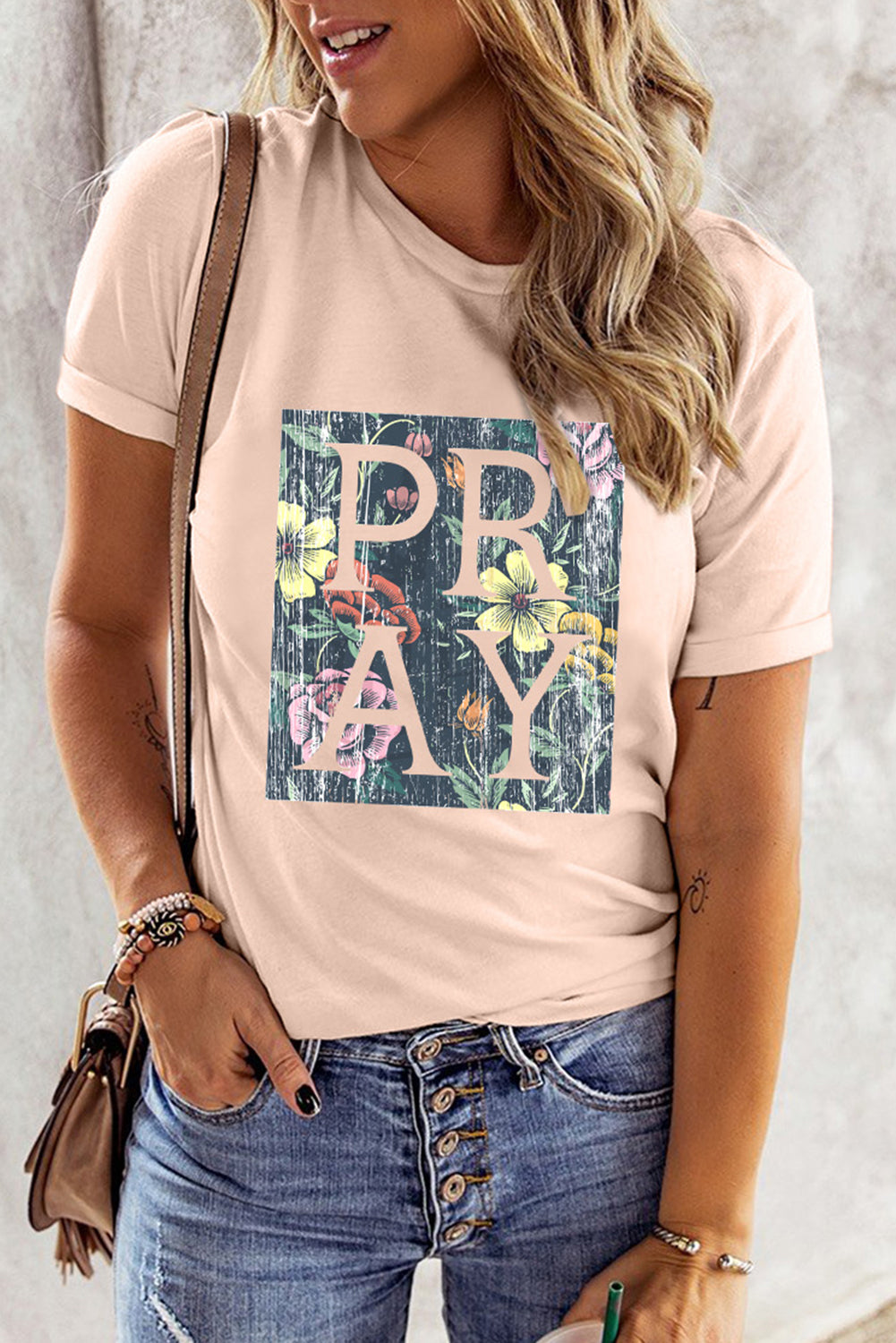 Pink PRAY Floral Print Western Fashion T-shirt Graphic Tees JT's Designer Fashion