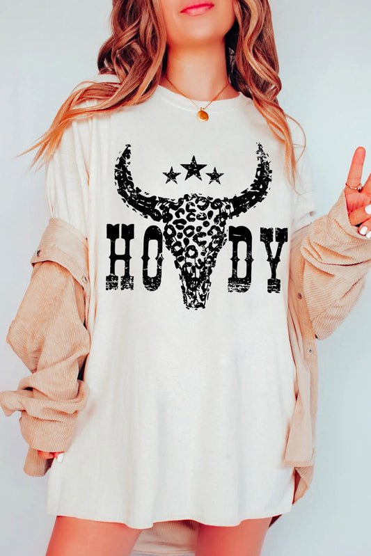 White HOWDY Cheetah Steer Head Print Oversized T Shirt Graphic Tees JT's Designer Fashion