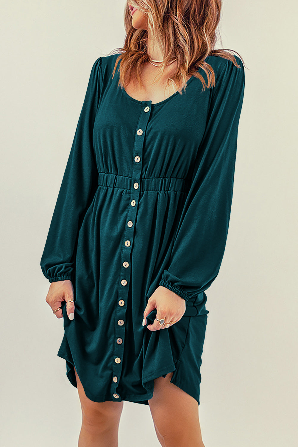Button Up High Waist Long Sleeve Dress Midi Dresses JT's Designer Fashion