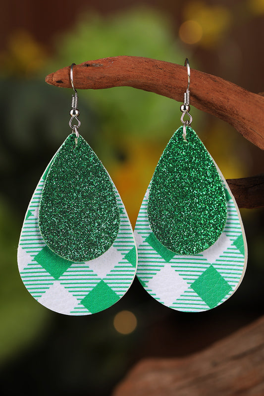 Green Sequin Plaid Double Layered Drop Earrings Jewelry JT's Designer Fashion