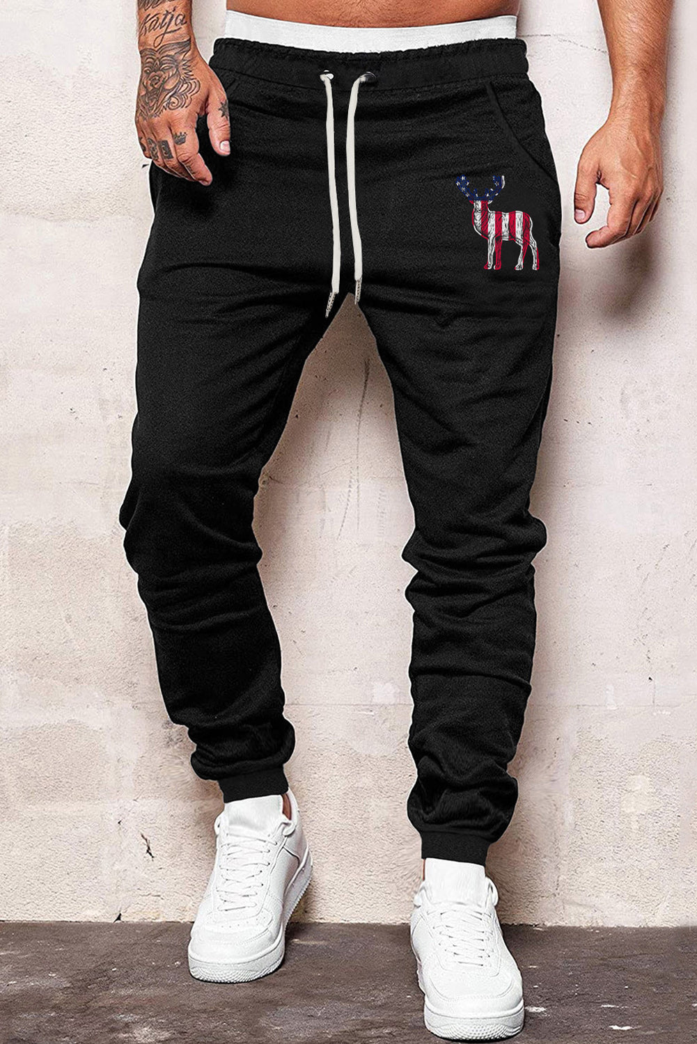 Black American Flag Reindeer Print Drawstring Men's Sweatpants Black 65%Polyester+35%Cotton Men's Pants JT's Designer Fashion