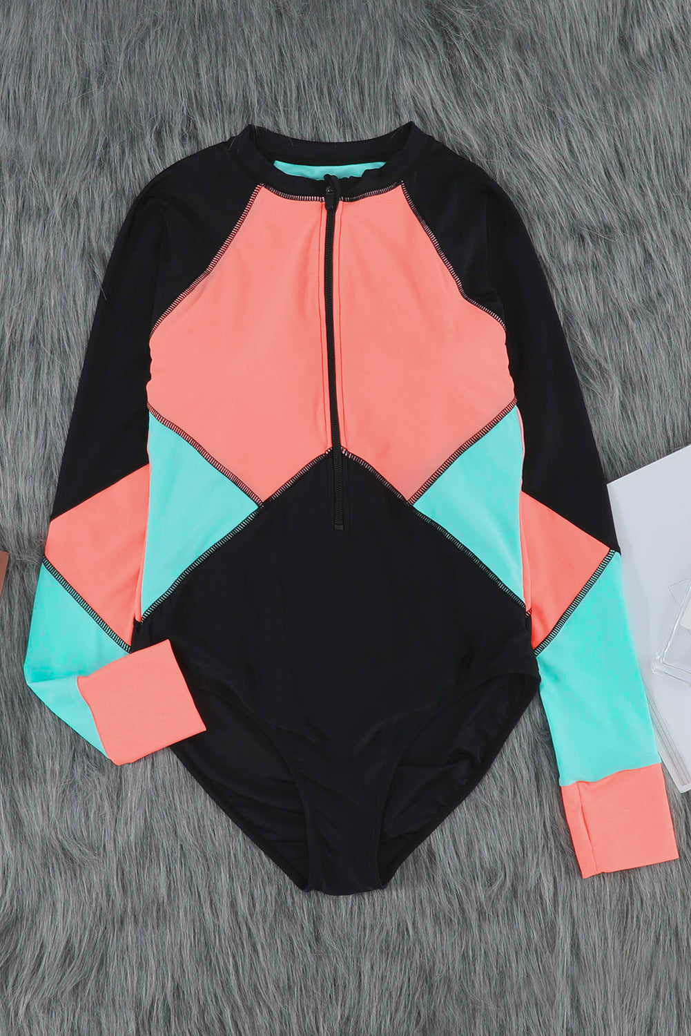 Pink Color Block Zipper Long Sleeve Rash Guard Swimwear Rash Guards JT's Designer Fashion