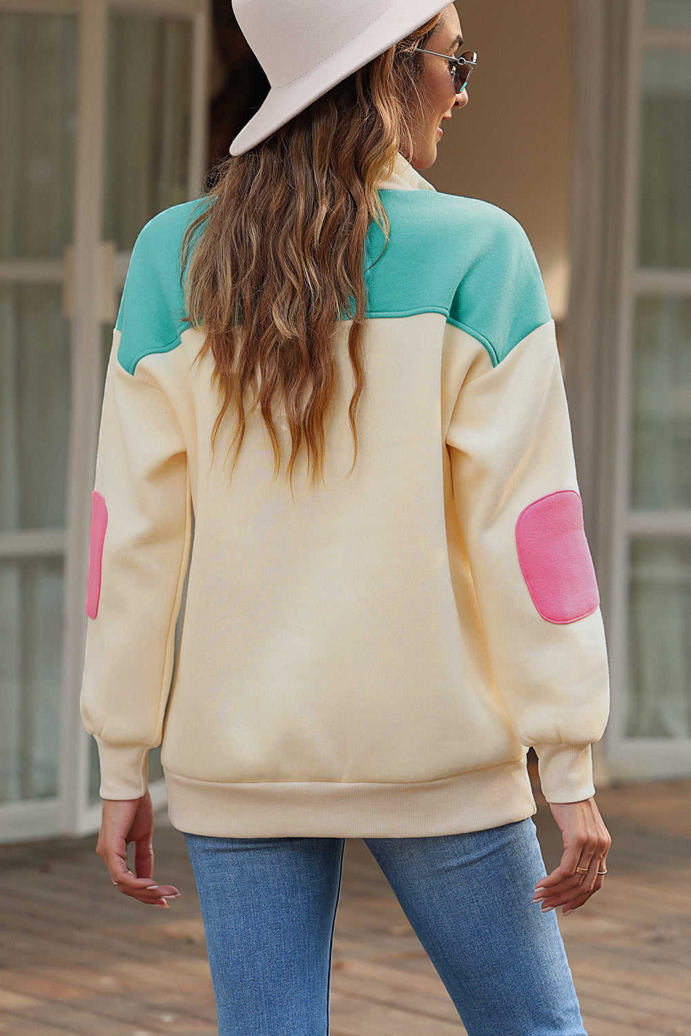 Apricot Color Block Elbow Patch Half Button Sweatshirt Sweatshirts & Hoodies JT's Designer Fashion