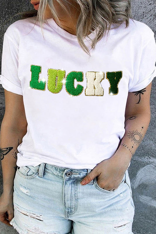 White Chenille LUCKY Patch Graphic Plus Size Tee Graphic Tees JT's Designer Fashion